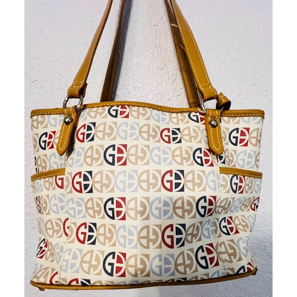 Giani Bernini Womens Logo Print Tote Bag Tan Straps & Multiple Pockets READ - Picture 3 of 7